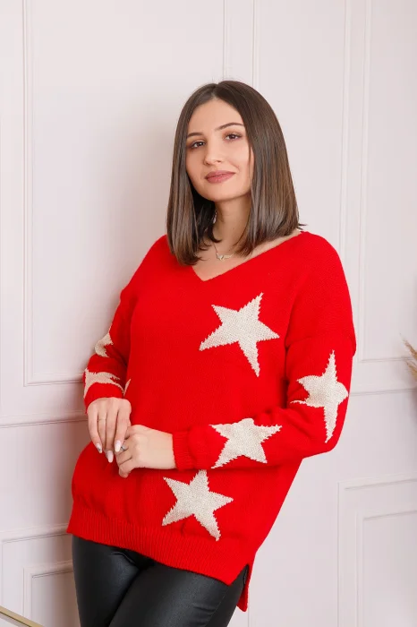 Pulover Stella rosu cu stelute si decolteu in V