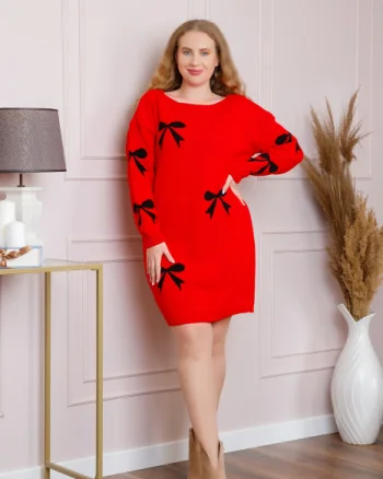 Pulover Bonnie rosu tip rochie cu fundite