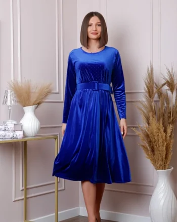 Rochie eleganta Kate din catifea albastru regal cu strasuri si centura in talie