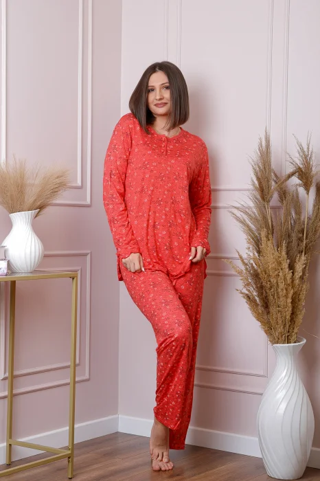 Pijama dama Lisa plus size din bumbac corai cu imprimeu floral