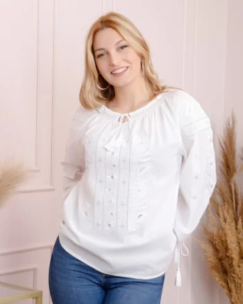 Ie traditionala alba cu motiv floral alb Lidia 02
