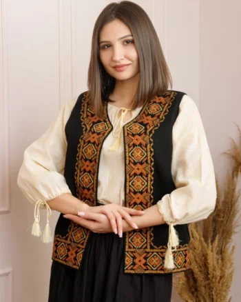 Vesta traditionala neagra cu broderie geometrica orange Damiana