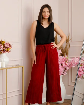 Pantaloni plisati grena cu elastic in talie