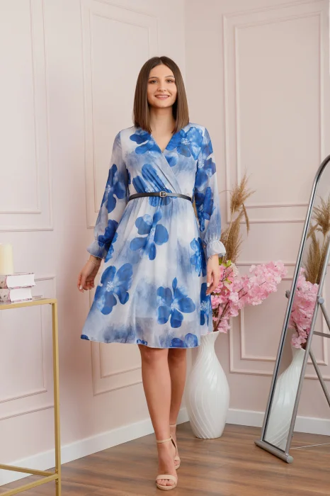 Rochie eleganta Melody din voal cu imprimeu floral albastru si bust petrecut