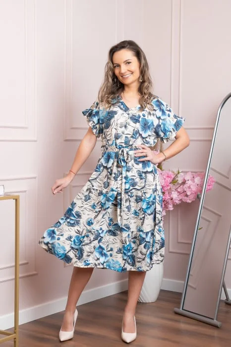 Rochie eleganta Maribel cu volanase si cordon in talie - Albastru