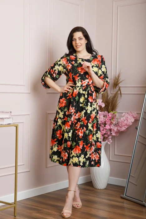 Rochie vaporoasa Emmeline cu volane si imprimeuri florale - Negru si rosu