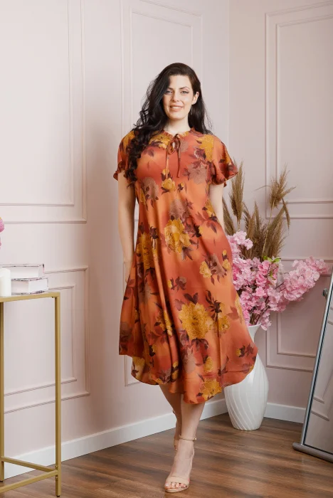 Rochie eleganta Penelope cu baza asimetrica si imprimeu floral - Caramiziu
