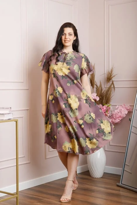 Rochie eleganta Penelope cu baza asimetrica si imprimeu floral - Mov