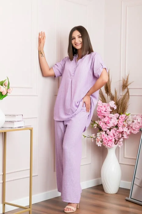 Pantaloni palazzo Athena cu talie elastica si insertii argintii - Lila