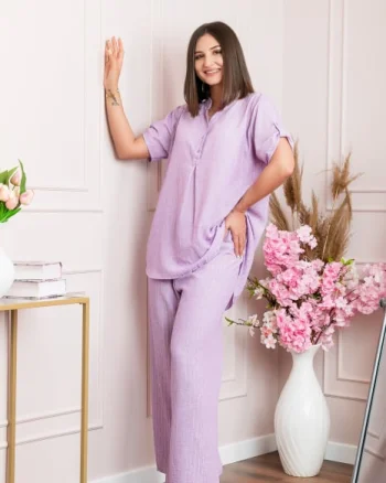 Pantaloni palazzo Athena cu talie elastica si insertii argintii - Lila