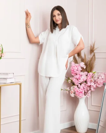 Pantaloni palazzo Athena cu talie elastica si insertii argintii - Alb