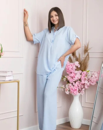 Pantaloni palazzo Athena cu talie elastica si insertii argintii - Bleu