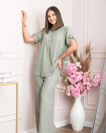 Pantaloni palazzo Athena cu talie elastica si insertii argintii - Kaki