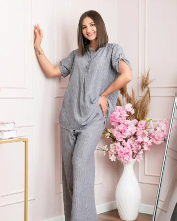Pantaloni palazzo Athena cu talie elastica si insertii argintii - Gri