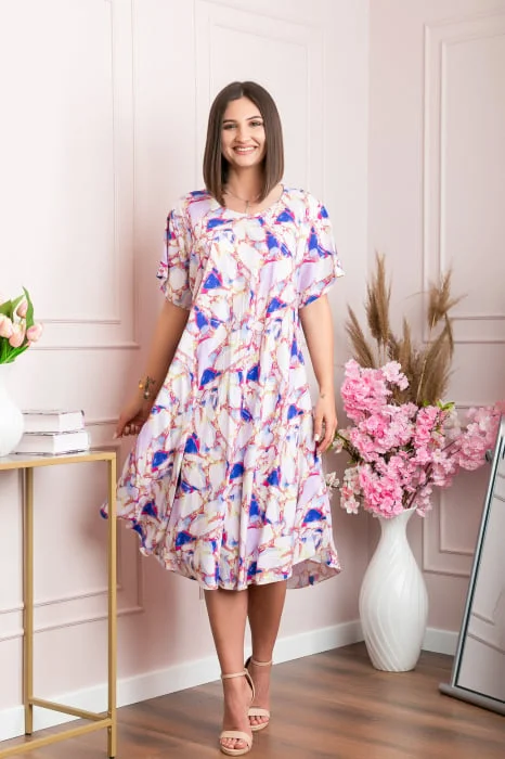 Rochie eleganta Mirabelle cu imprimeu floral - Lila cu albastru