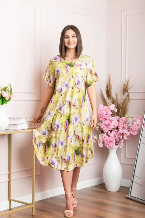 Rochie eleganta Mirabelle cu imprimeu floral - Galben cu mov