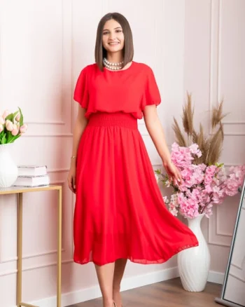 Rochie eleganta rosie Francesca cu talie incretita