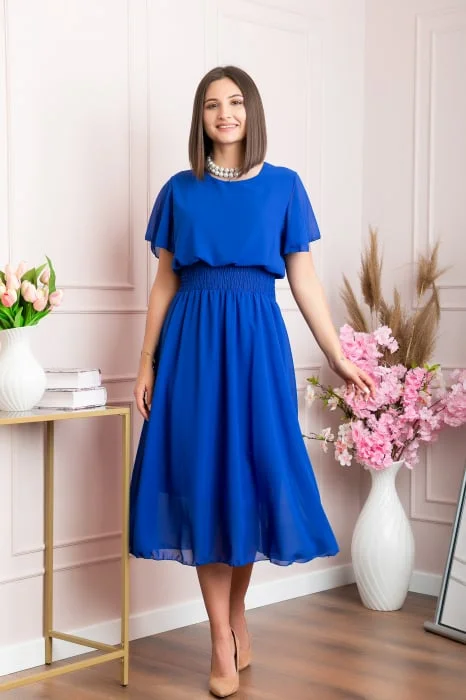 Rochie eleganta albastru regal Francesca cu talie incretita