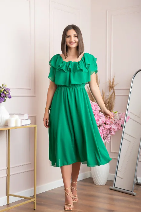 Rochie Joyce eleganta din voal cu volane - Verde smarald