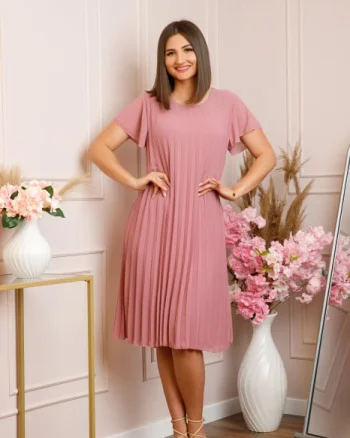Rochie plisata Elisa cu maneci fluture - Roz pudrat