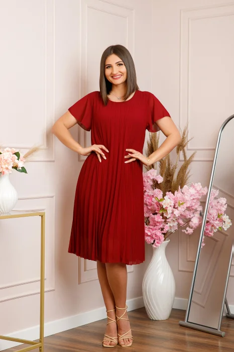 Rochie plisata Elisa cu maneci fluture - Grena