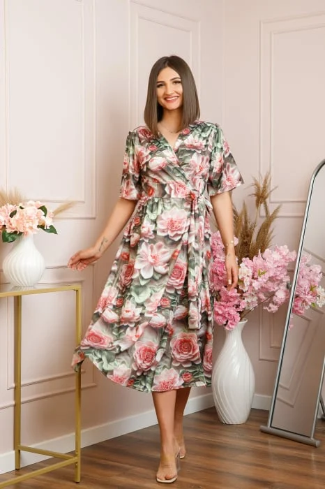 Rochie Emma petrecuta cu cordon in talie - Roz cu verde