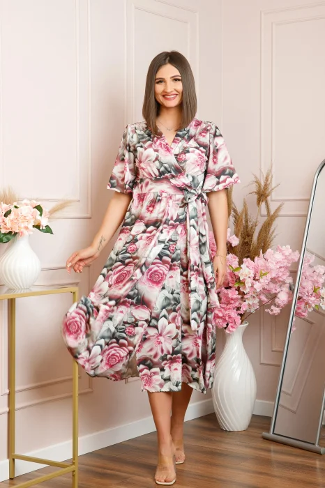 Rochie Emma petrecuta cu cordon in talie - Roz cu gri