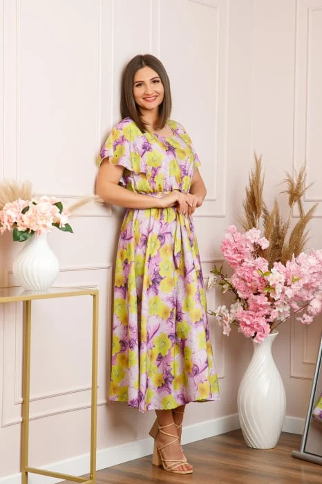 Rochie eleganta Fiorella cu imprimeuri florale - Galben cu mov
