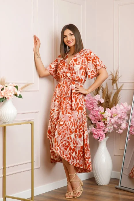 Rochie Victoria petrecuta cu croi asimetric - Caramiziu