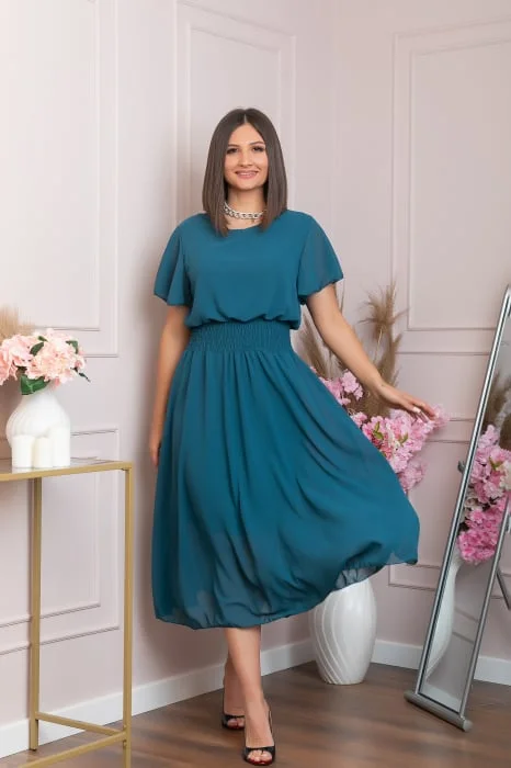 Rochie eleganta turcoaz inchis Francesca cu talie incretita