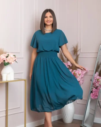 Rochie eleganta turcoaz inchis Francesca cu talie incretita
