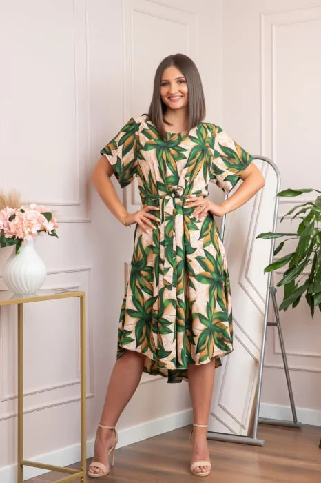 Rochie eleganta Olive cu imprimeu exotic verde