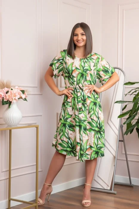 Rochie eleganta Olive cu imprimeu exotic verde crud