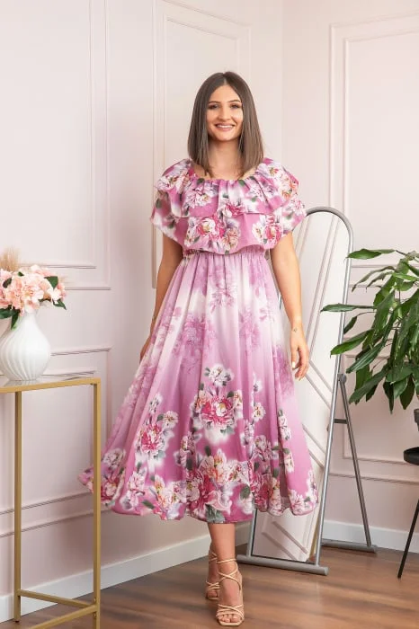 Rochie de ocazie Elle cu volane ample si imprimeuri florale - Roz