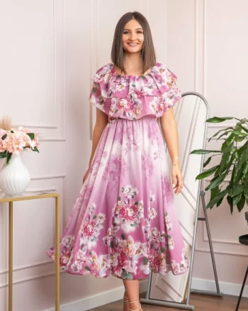 Rochie de ocazie Elle cu volane ample si imprimeuri florale - Roz