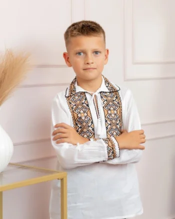 Camasa traditionala de baieti alba cu motiv geometric crem Mircea