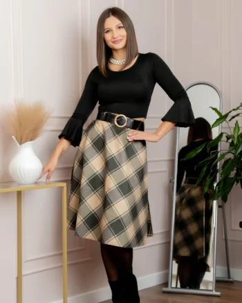 Fusta clos Stephanie in carouri cu centura in talie - Olive Serenity