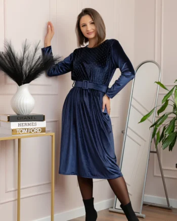 Rochie eleganta Kate din catifea bleumarin cu strasuri si centura in talie
