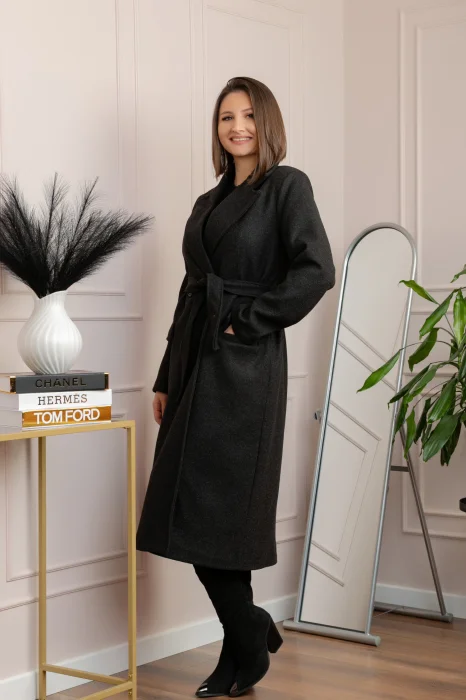 Palton lung elegant Erika cu cordon si buzunare - Negru