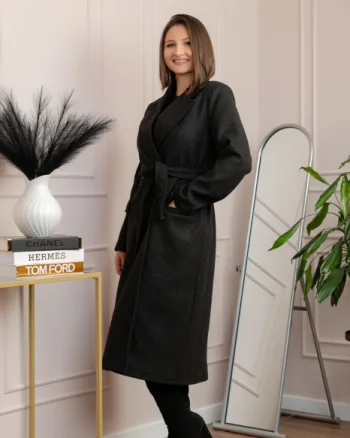 Palton lung elegant Erika cu cordon si buzunare - Negru