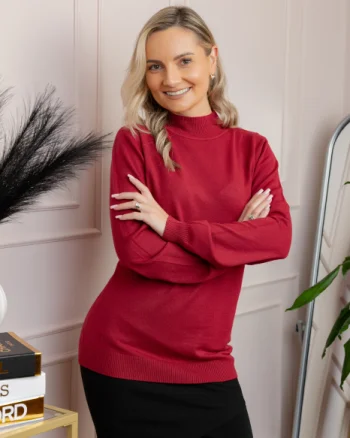 Pulover Ellen din tricot subtire cu guler inalt - Grena