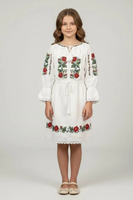 Rochie traditionala alba pentru fetite cu motiv floral rosu Elena