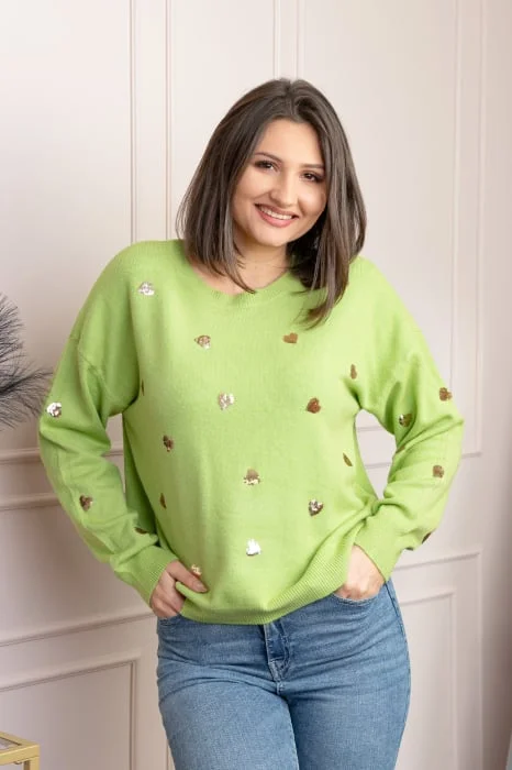 Pulover verde praz Riley cu inimioare din paiete aurii