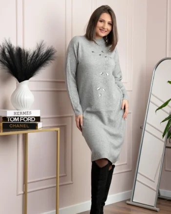 Rochie tricotata gri Katherine cu flori in relief si paiete argintii