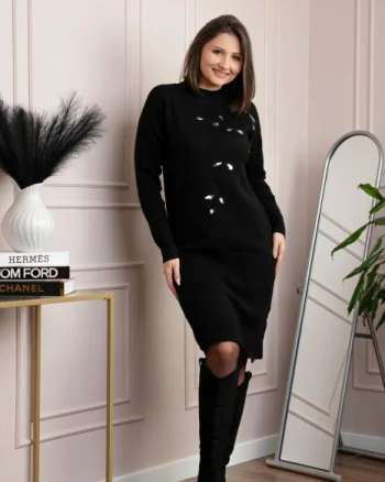 Rochie tricotata neagra Katherine cu flori in relief si paiete argintii