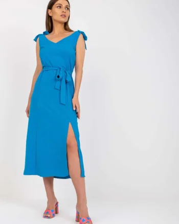 Rochie albastra midi cu crapatur...