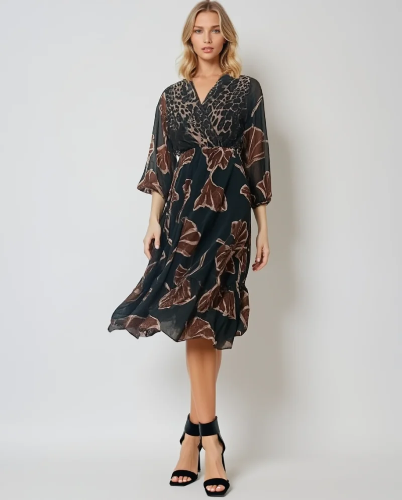 Rochie lungă cu imprimeu, decolteu adânc turcoaz - Unica S-L