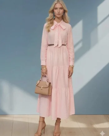 Rochie lungă cu legătură la guler și curea roz - Unica S-L