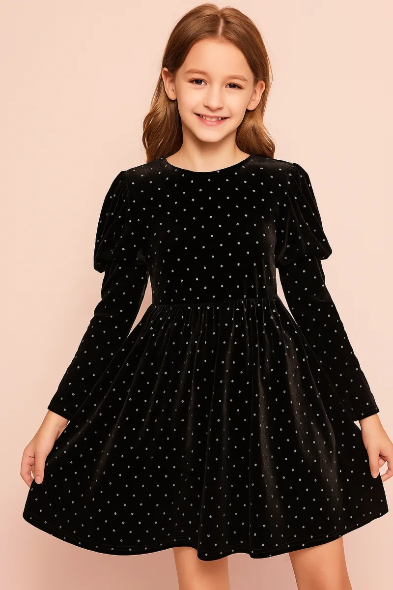 Rochie neagra din catifea cu glitter argintiu pentru fete - Emma
