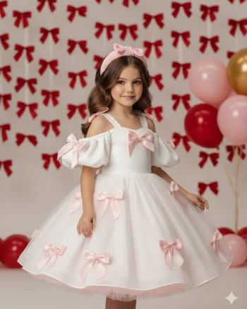 Rochie alba eleganta din tafta cu fundite roz pentru fete - Berta